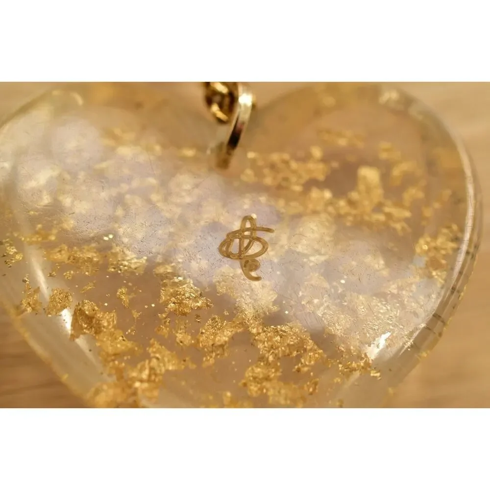 Vintage Heart Pendant Necklace Gold Foil Lucite Resin Designer Signed BinBJ